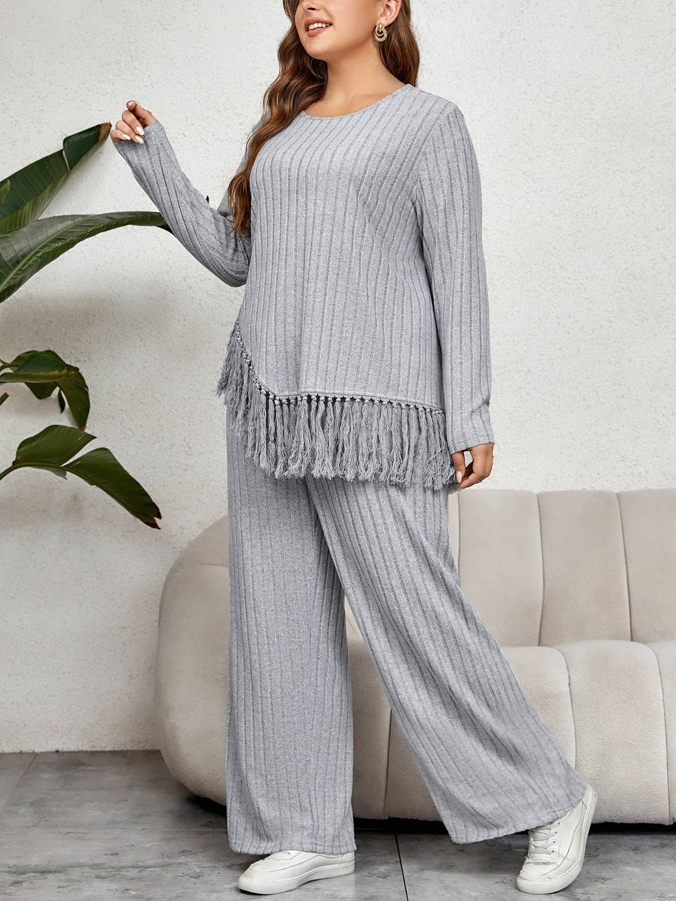 IRREGULAR FRINGE TOP LOOSE WIDE LEG PANT SUIT
