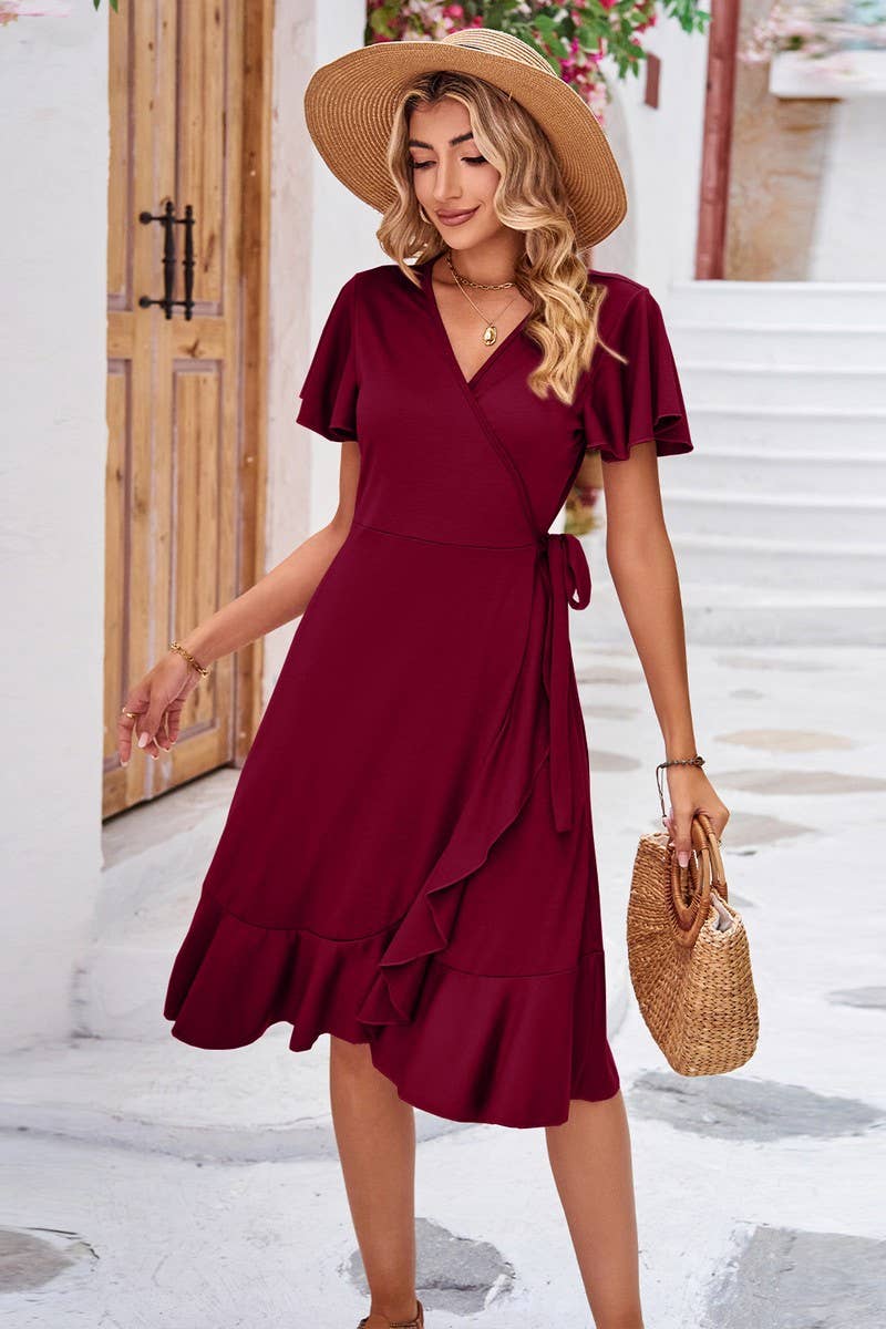 CWDSD2546_Deep V-Neck Wrap Short Sleeve Dresses