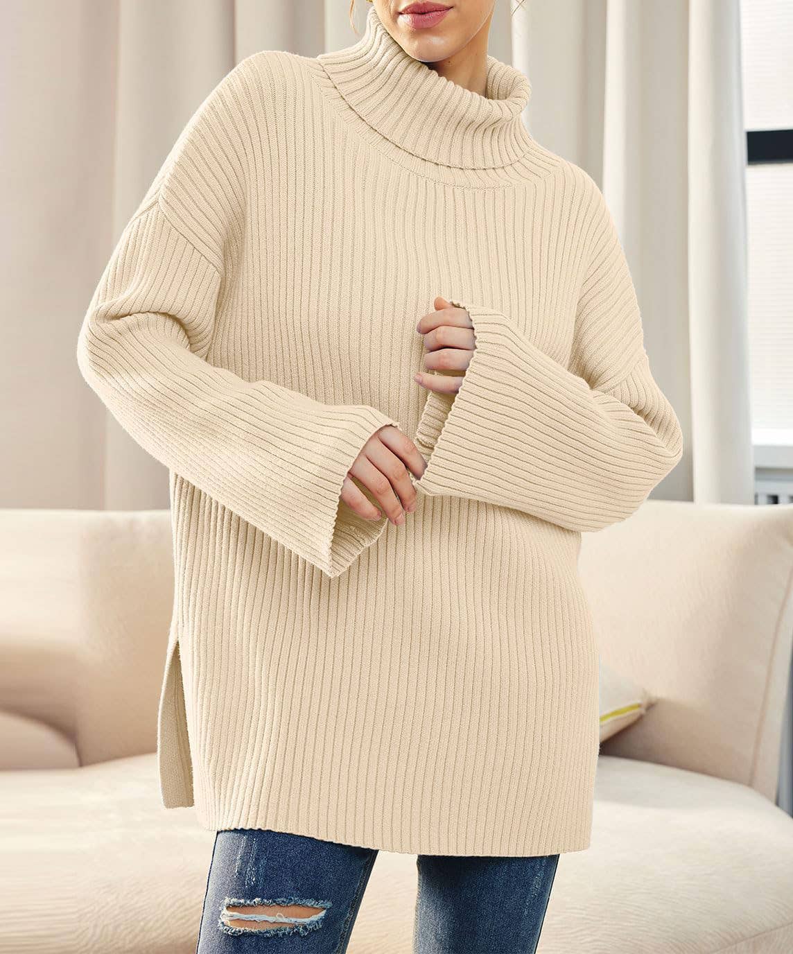 SPLIT TURTLENECK SOLID COLOR RIB KNIT SWEATER