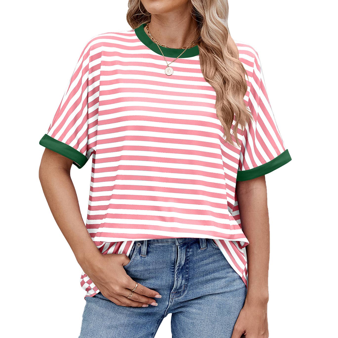 Round neck sleeved striped short-sleeved T-shirt