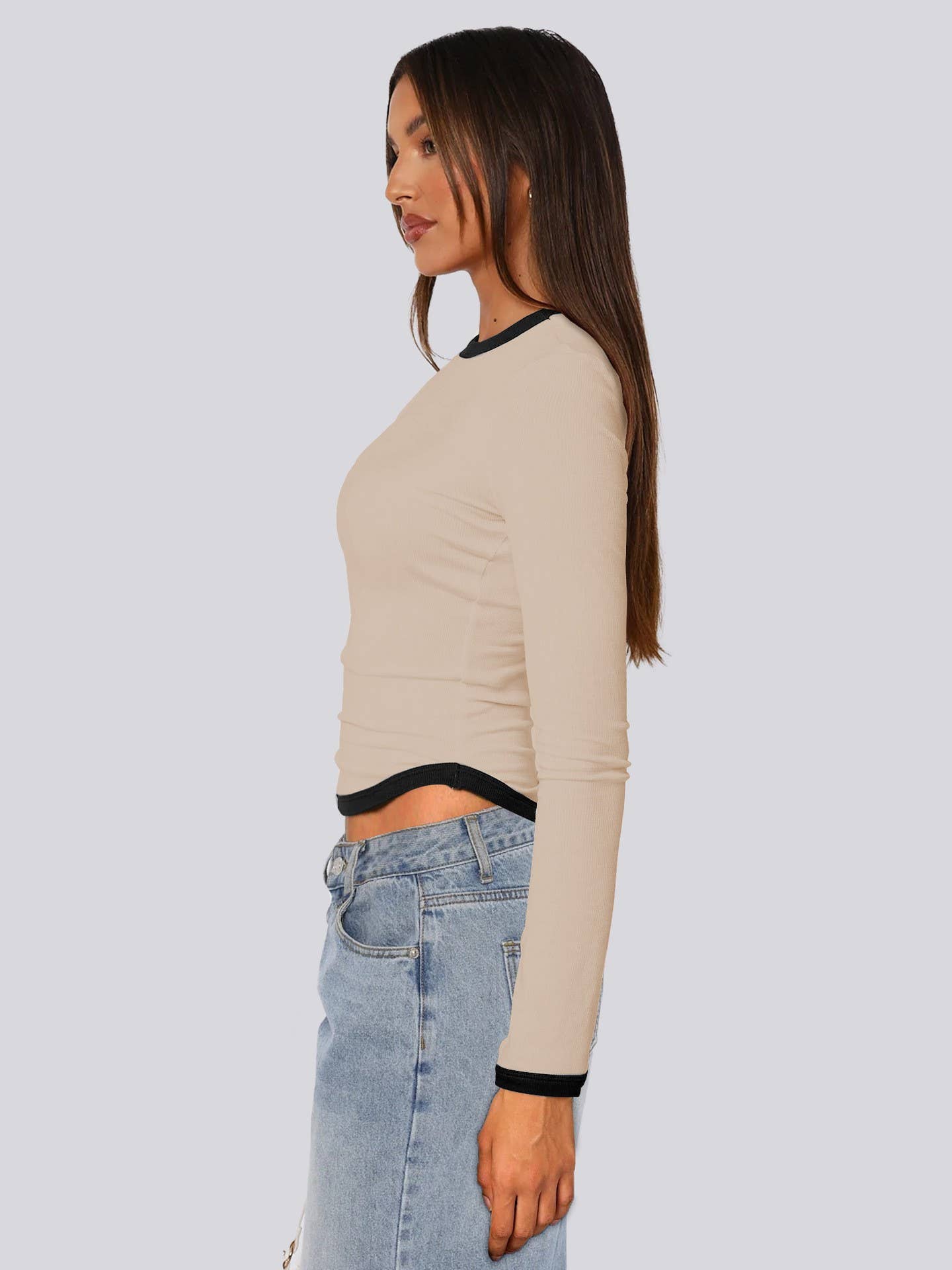 LONG SLEEVE ROUND NECK SLIM-FIT COLOR SHORT TOP