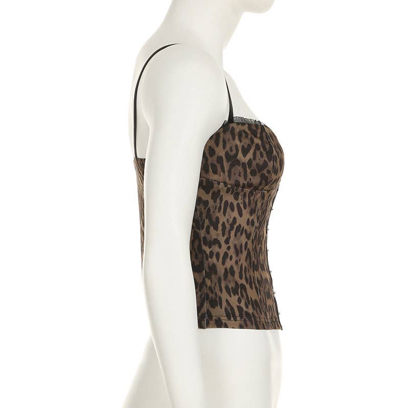 Sexy wood ear lace leopard print halter top