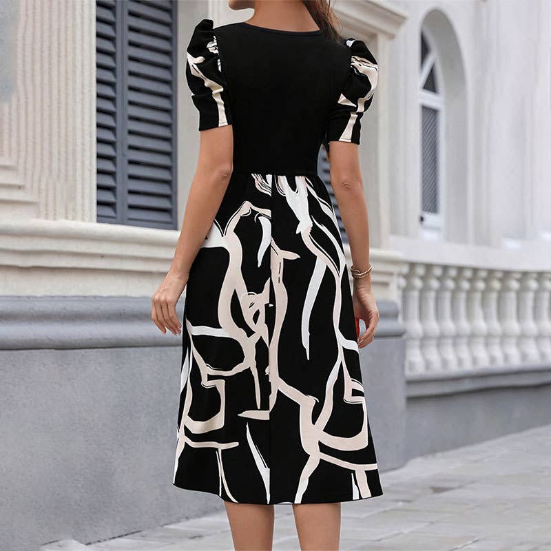 KNITTED PRINT STRETCH SQUARE COLLAR DRESS