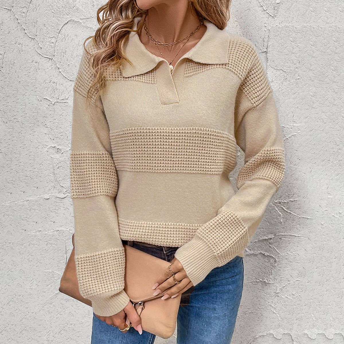 Long sleeve lapel solid color sweater woman