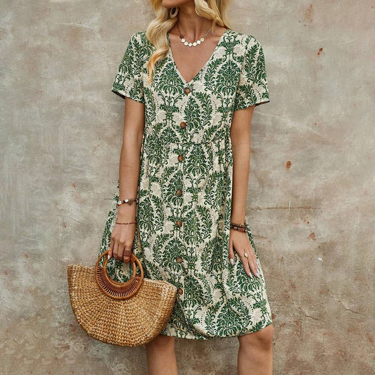 Printed V-neck loose dress