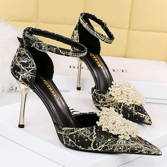 WOMEN RETRO RHINESTONE PEARL FLOWER HIGH HEELS