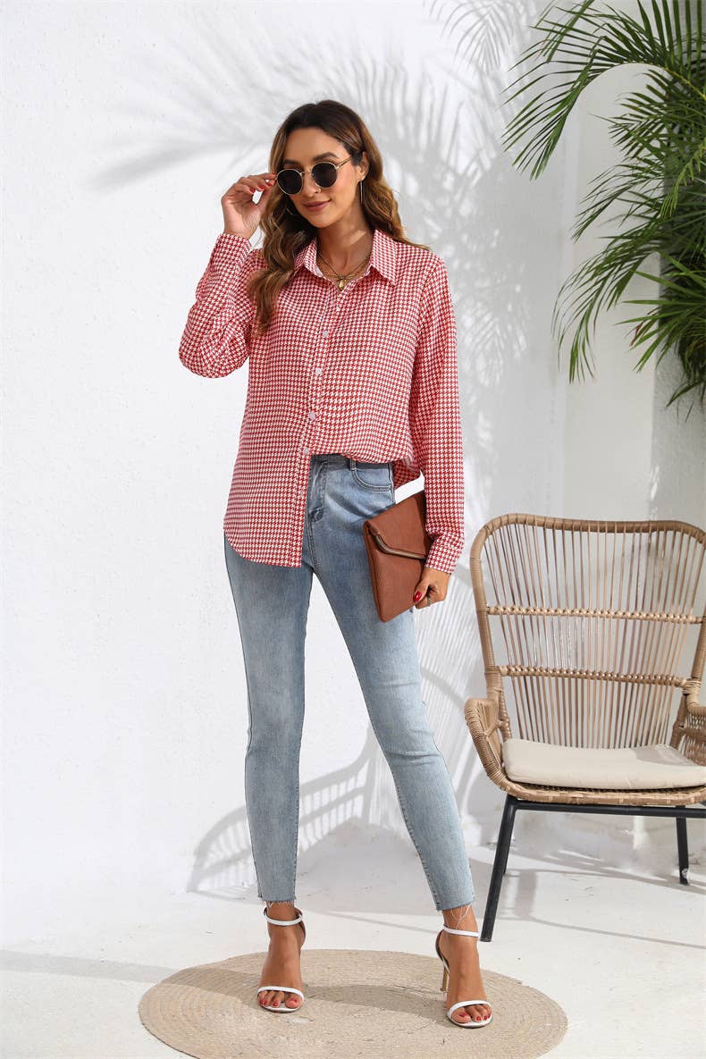 Lapel checked loose casual long-sleeved shirt