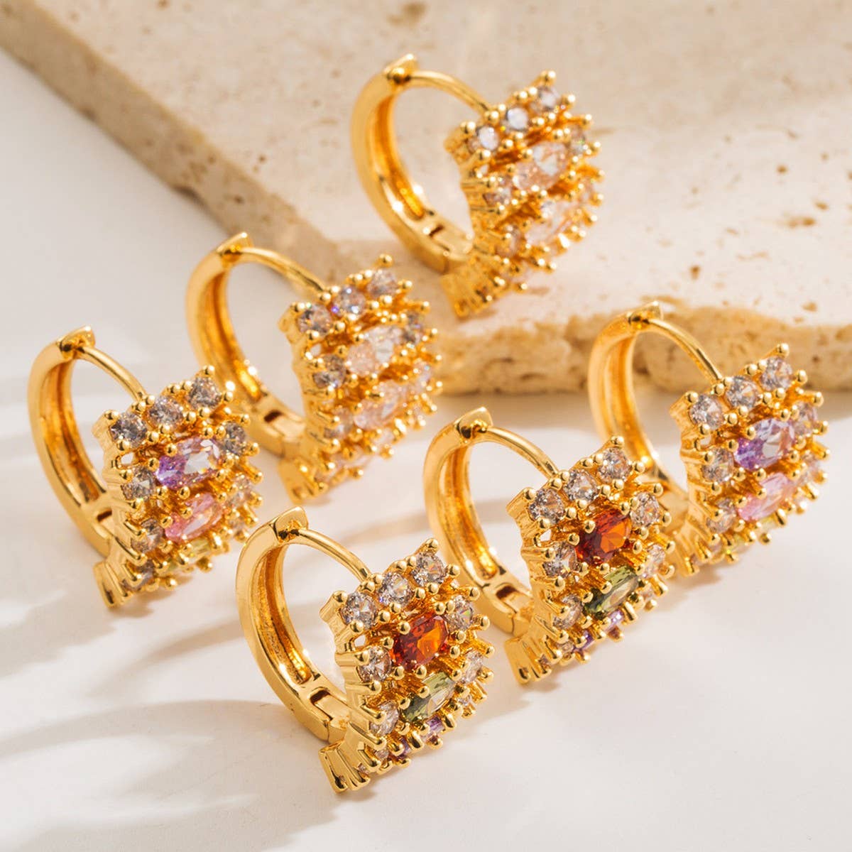Colorful CZ Hollow Hoop Earrings Gold-Plated Brass
