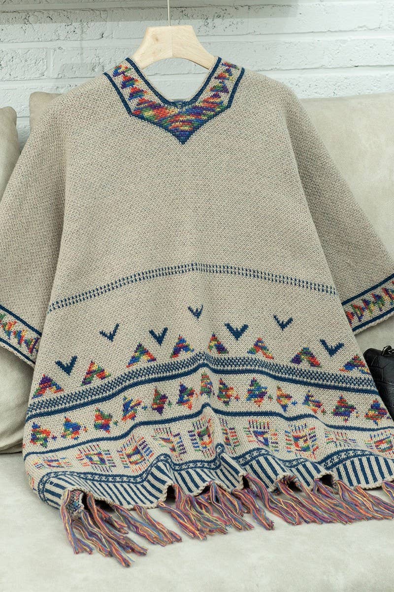 CWOSWS0090_LOOSE KNITTED TASSEL JACQUARD CAPE SHAWL