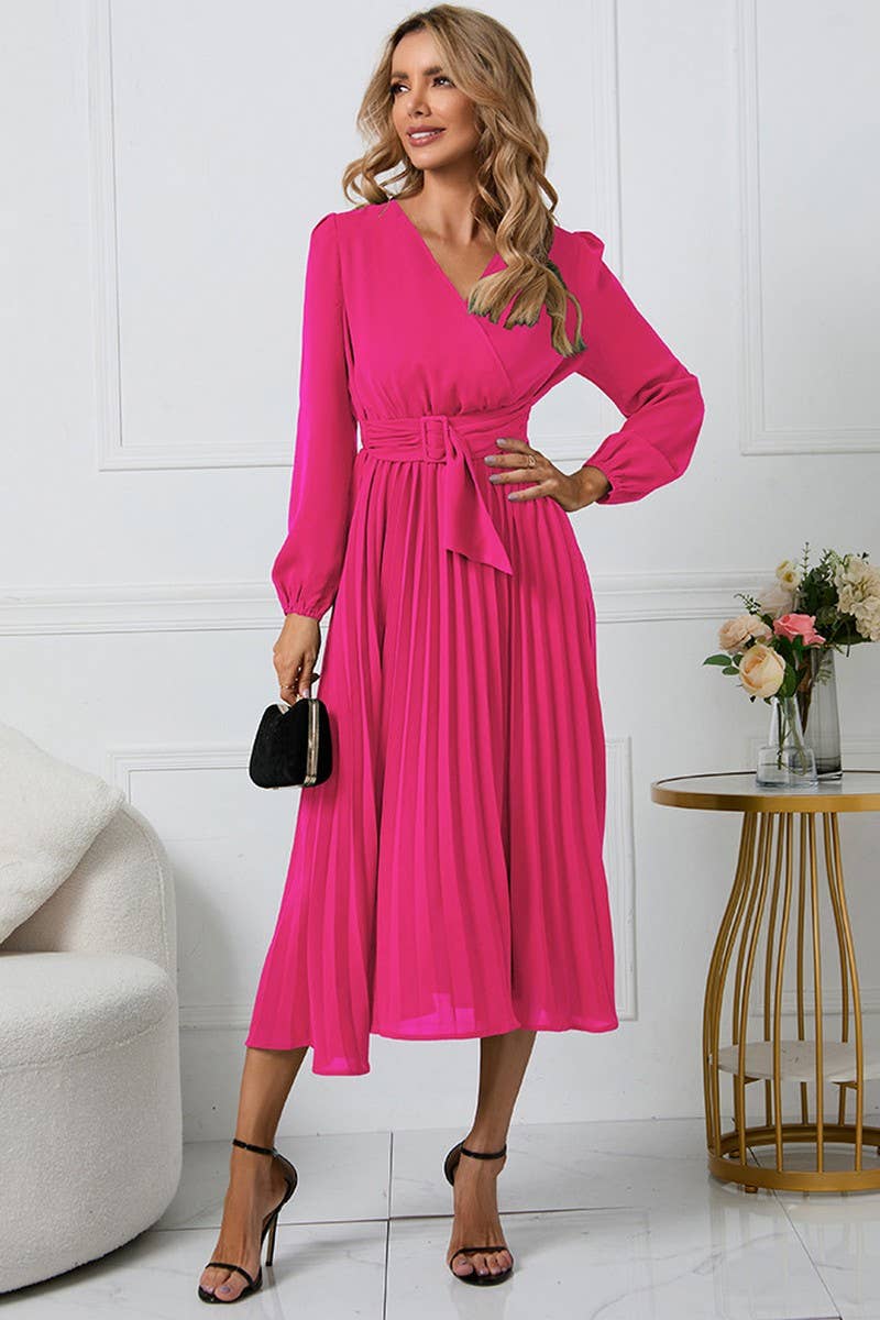 CWDMD1462_V-NECK LONG SLEEVED PLEATED DRESS