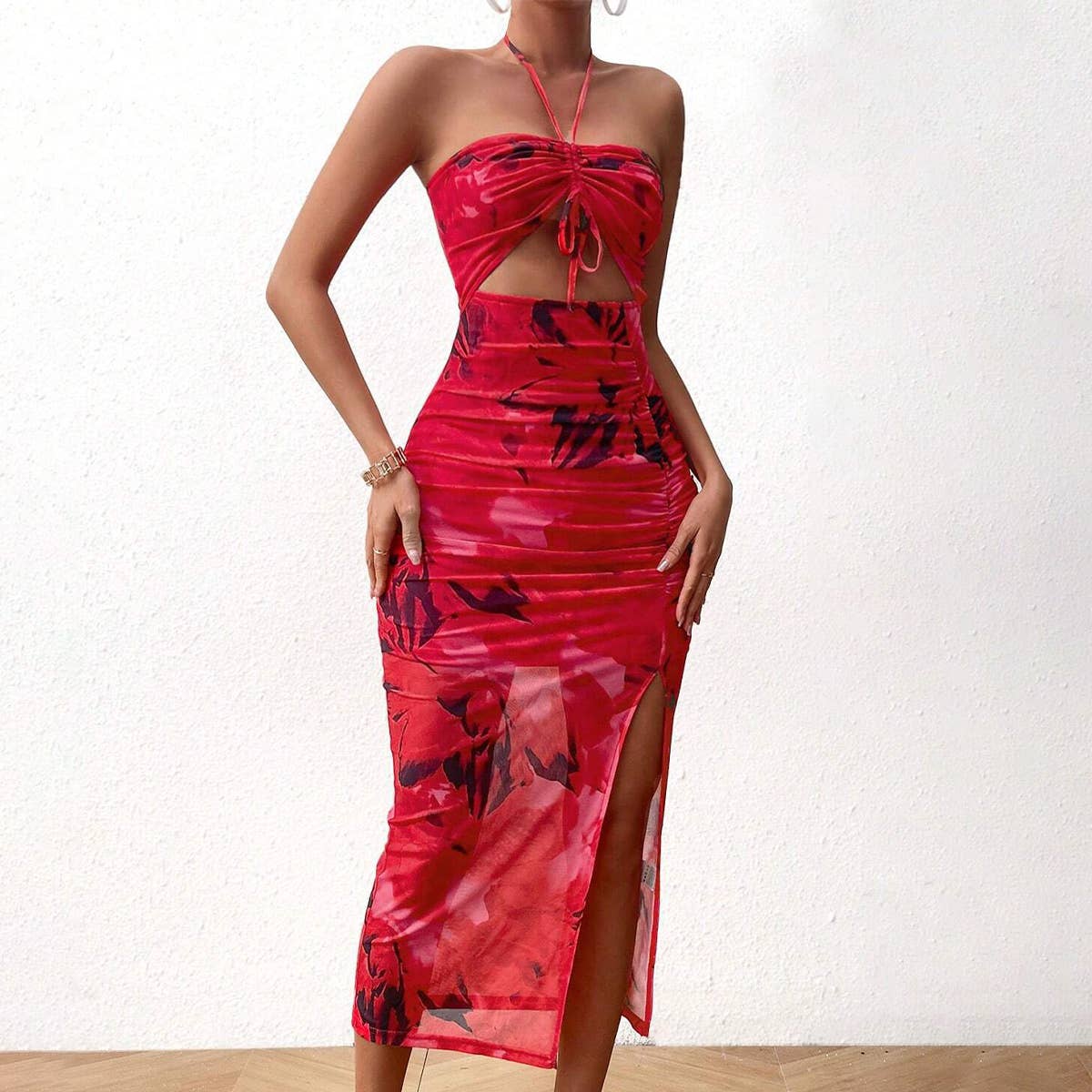 Women¡¯s sexy backless ruched fit floral dress