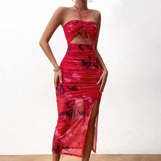 Women¡¯s sexy backless ruched fit floral dress