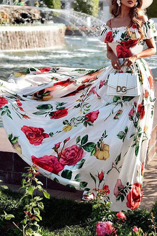 STYLISH OFF THE SHOULDER PRINT HOLIDAY MAXI DRESS_CWDMD1319