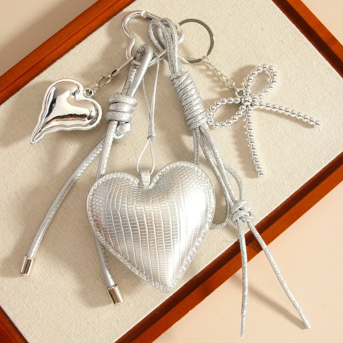 Elegant Silver Heart & Bow Bag Keychain