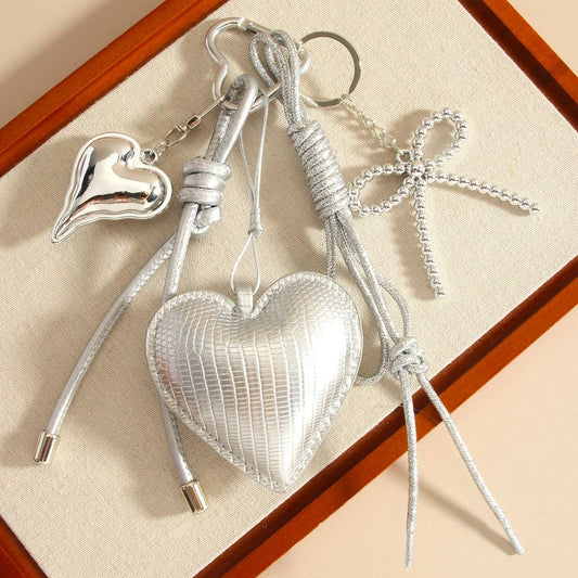 Elegant Silver Heart & Bow Bag Keychain