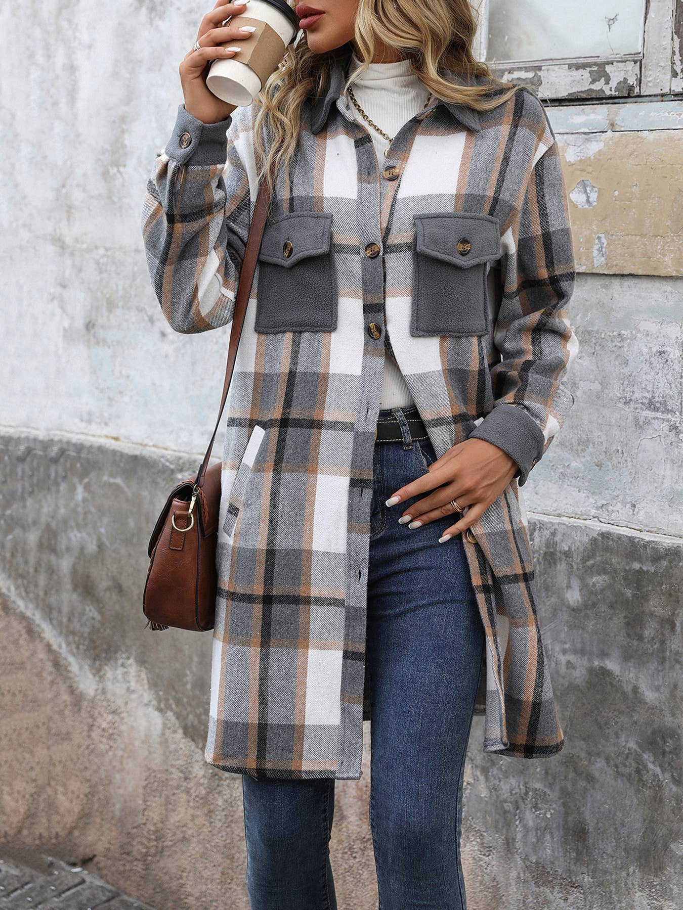 LONG SINGLE BREASTED COAT IN BRUSHED PLAID