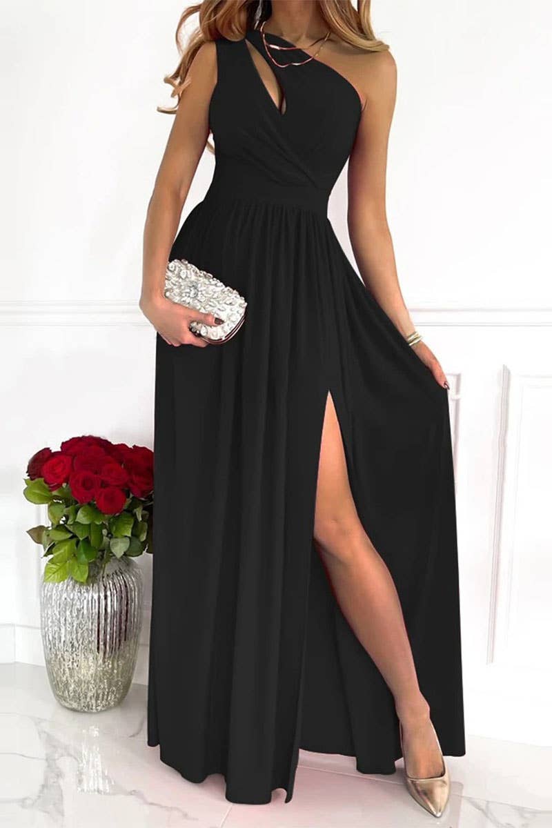 Sleeveless high-waisted slit dress elegant style