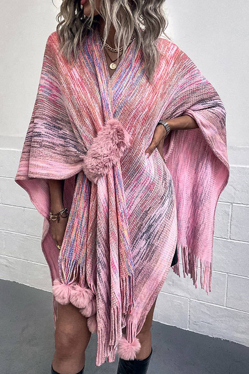CWOCAS0051_CONTRAST COLOR POMPOM TASSEL KNITTED SHAWL