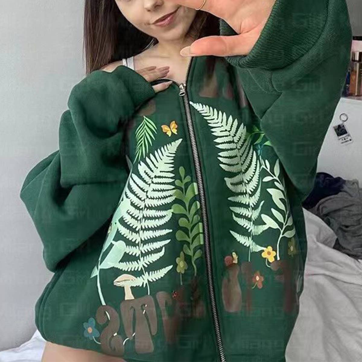 LEAF GRASS BUTTERFLY MUSHROOM PRINTED HOODIE