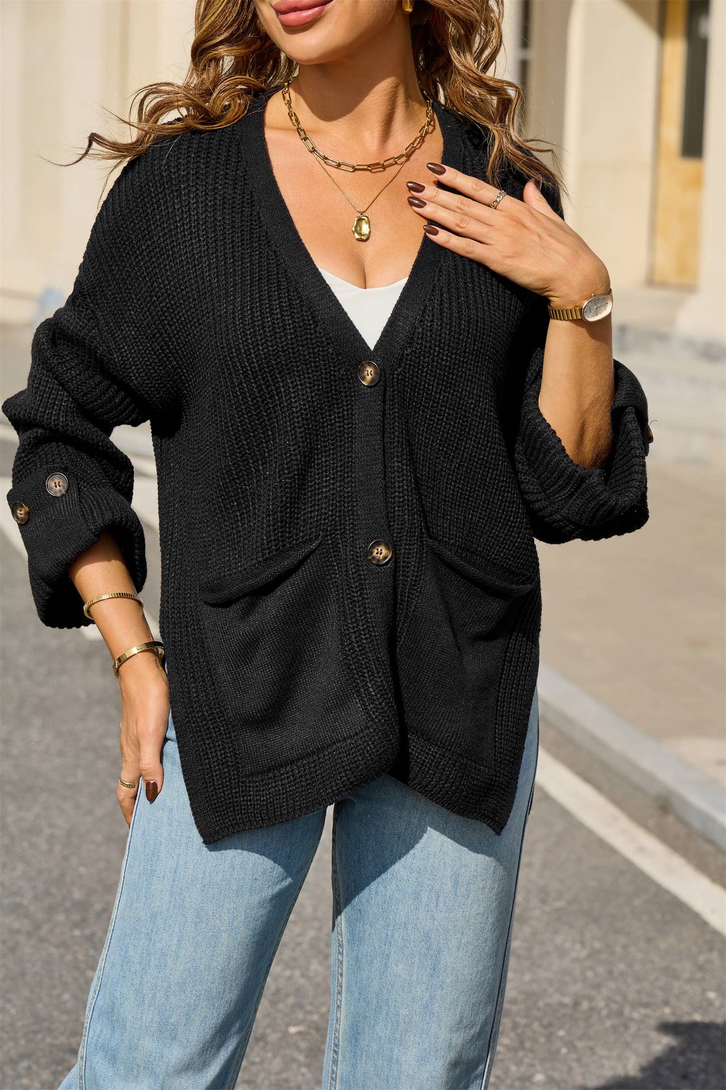 Fashion loose V-neck single-breasted cardigan
