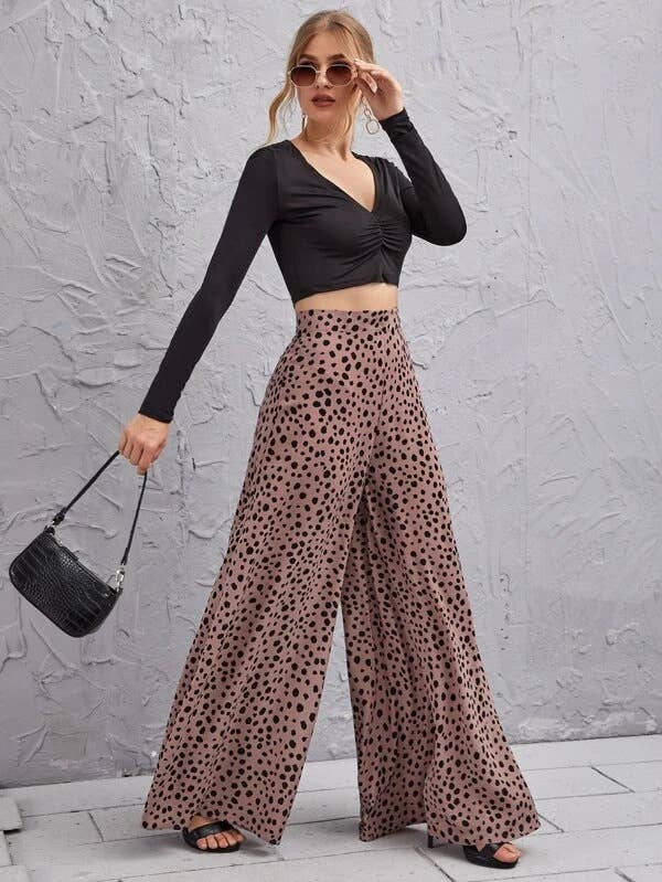 HIGH-WAISTED LEOPARD PRINT SLACKS WITH WIDE LEGS
