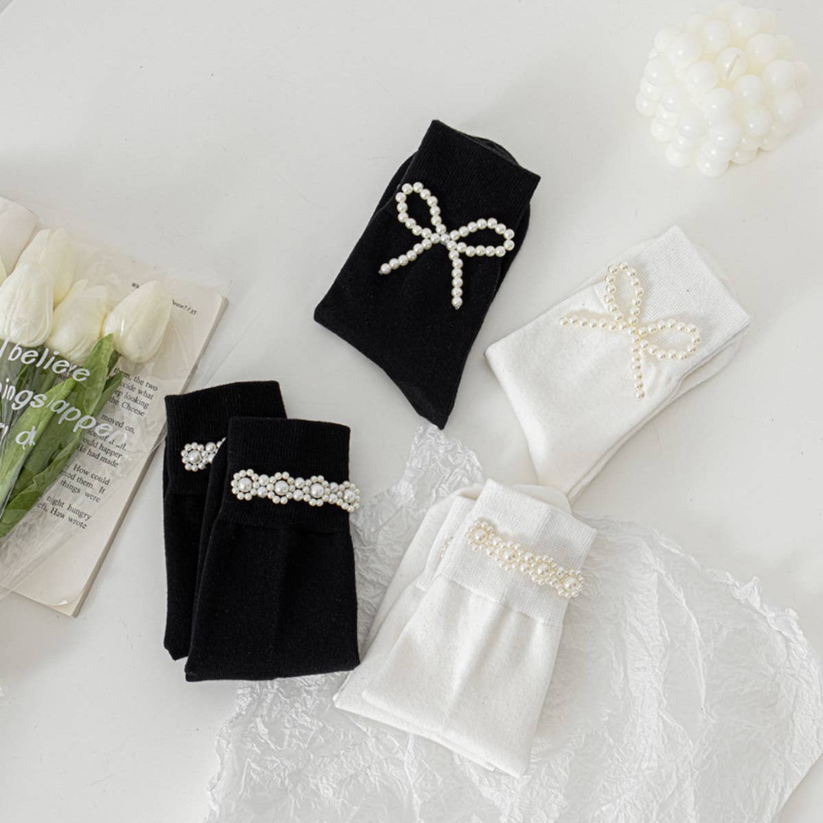 WOMEN NEW PEARL SOLID COLOR SOCKS