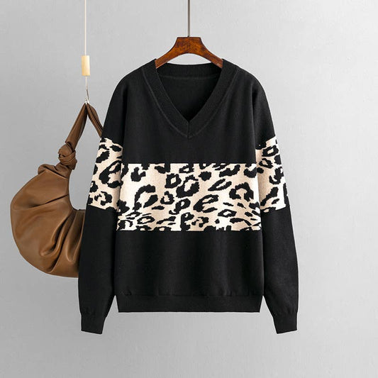 V-NECK LOOSE COLOR LEOPARD-PRINT SWEATER WOMAN