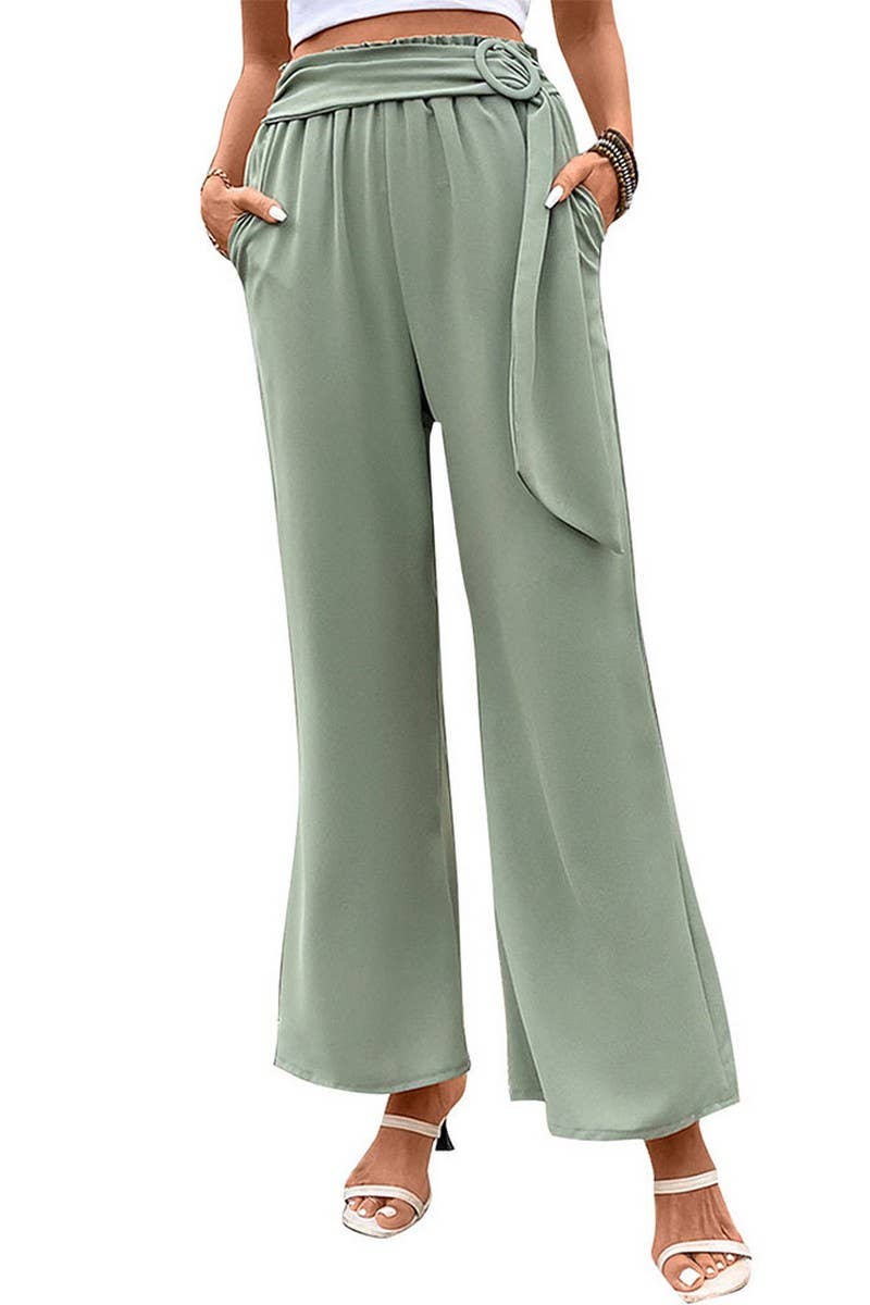 CWBLP0789_GREEN BELTED WIDE LEG PANTS