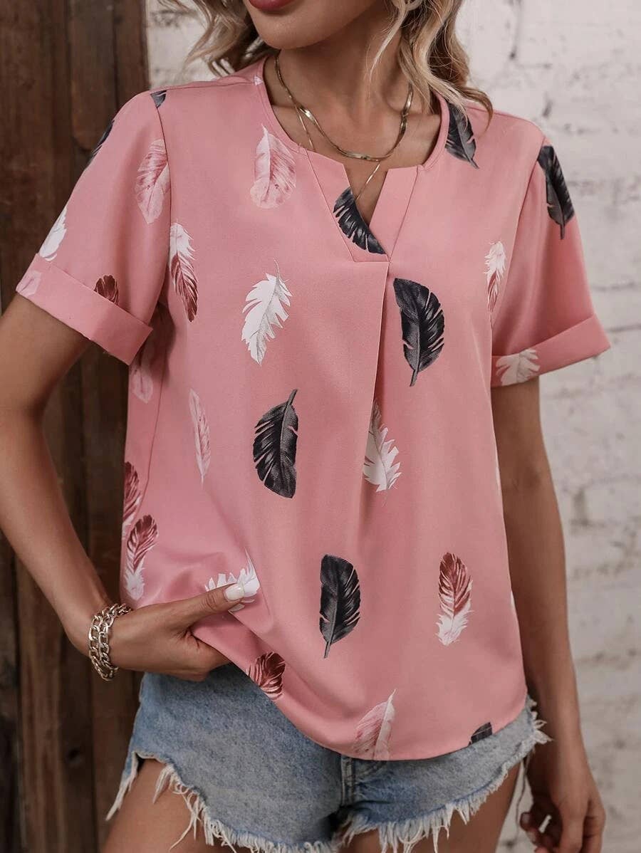 V-NECK FEATHER PRINT SHORT-SLEEVED LOOSE T-SHIRT