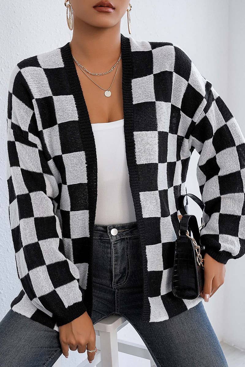 CWOSWL07333_WOMEN BLOCK CHECKERED KNIT CARDIGAN