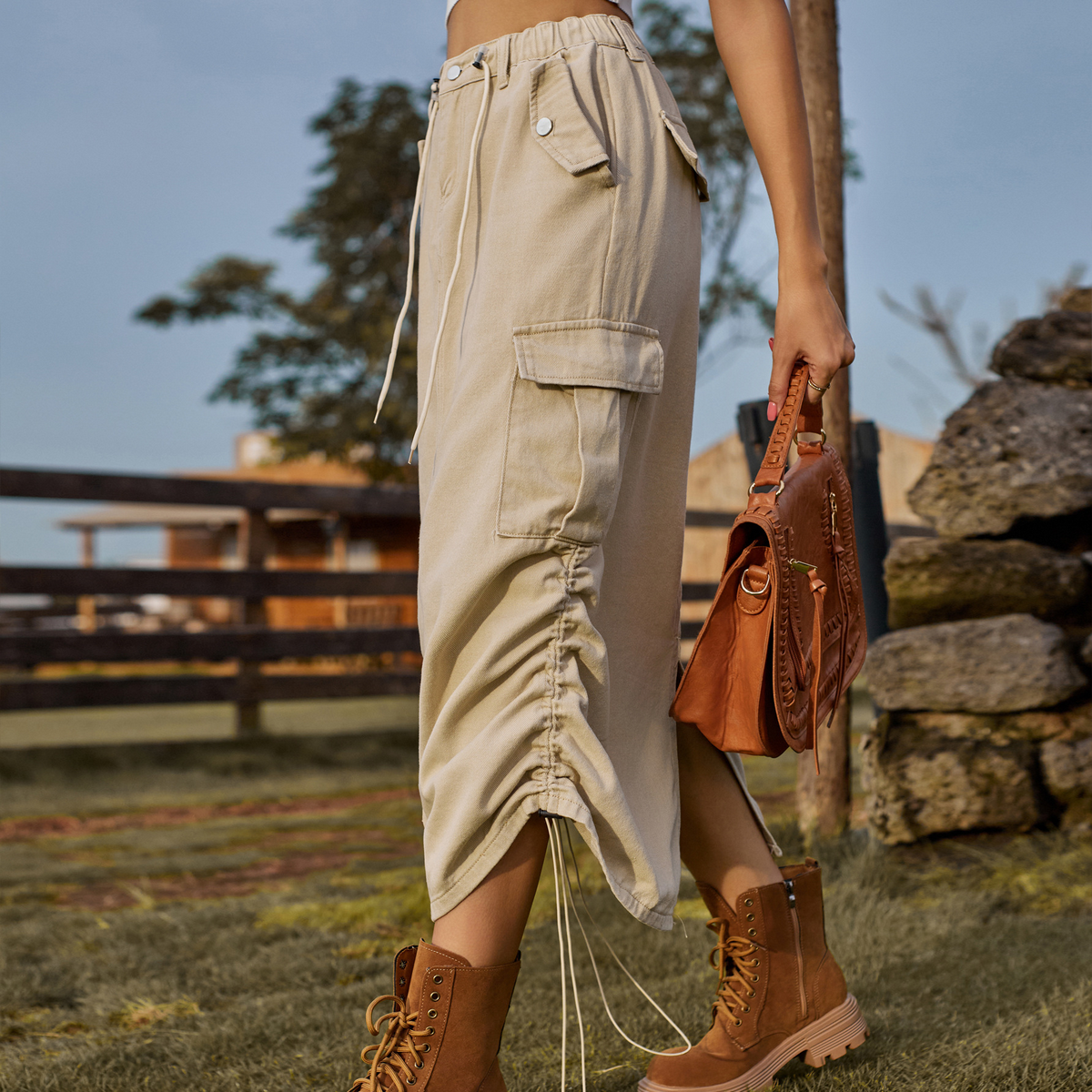 Women??¢s Cargo Midi Skirt Drawstring Elastic Waist_CWJSK0218