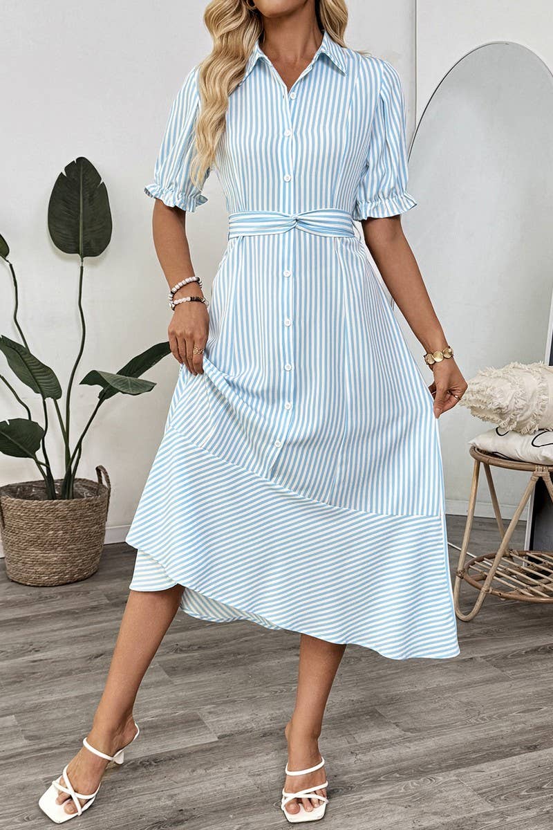 CWDMD5784_STRIPED PUFF SLEEVE COLLAR SUMMER MAXI DRESS