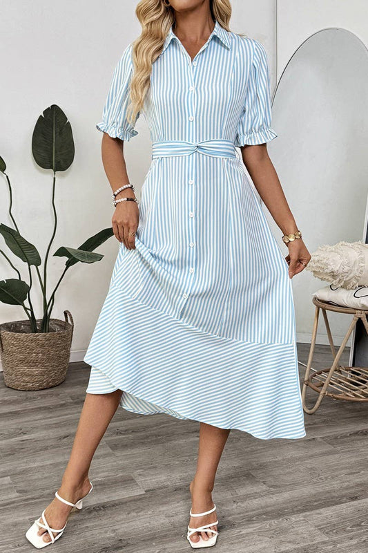 CWDMD5784_STRIPED PUFF SLEEVE COLLAR SUMMER MAXI DRESS