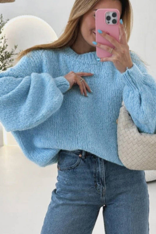 CWOSWL07452_LOOSE LANTERN SLEEVE CREW NECK KNIT SWEATER