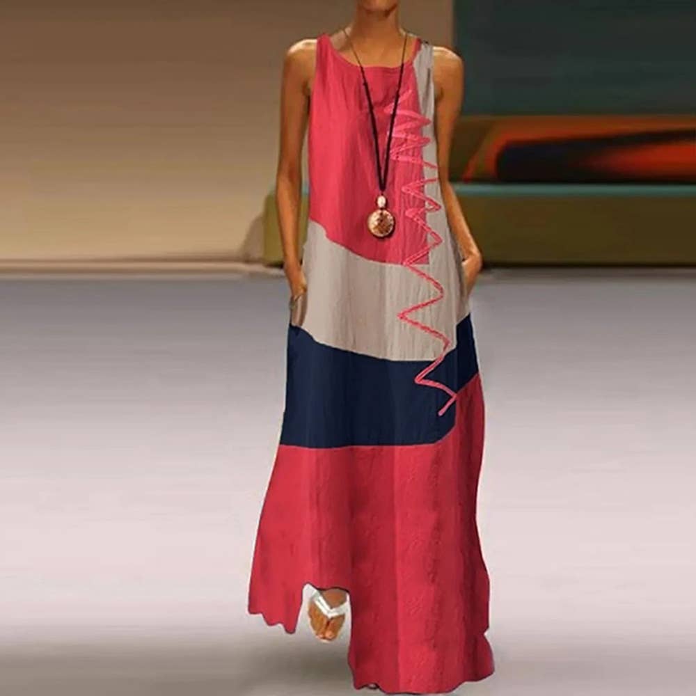 PRINTED SLEEVELESS U-NECK COLOR MATCHING DRESS