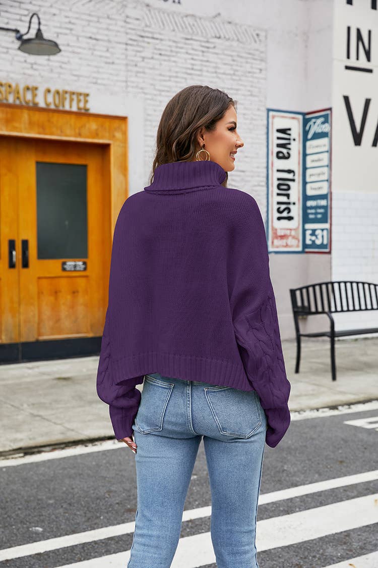 TURTLENECK FLORAL PULLOVER SOLID COLOR SWEATER