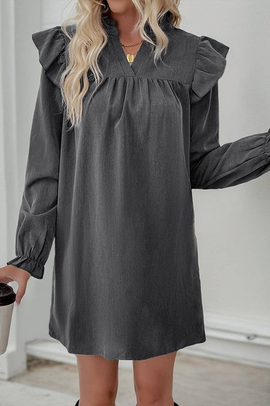 CWDSD6203_SOLID COLOR RUFFLED LONGSLEEVE STAND COLLAR DRESS