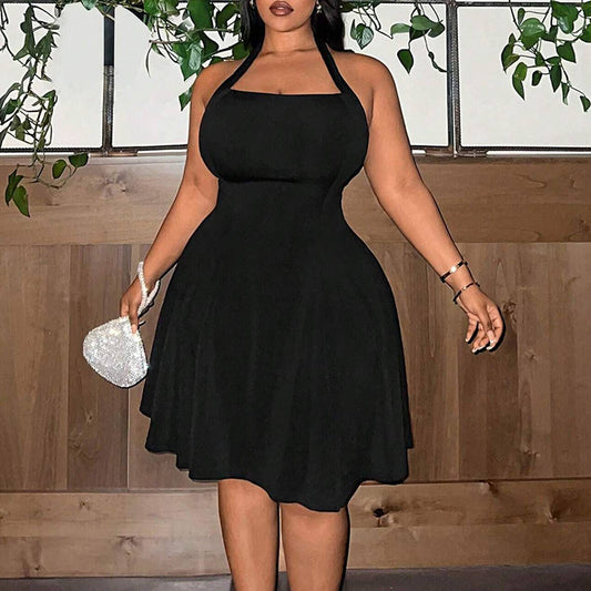 Square Neck Halter Cinched Waist A-Line Dress_CWDMD6063