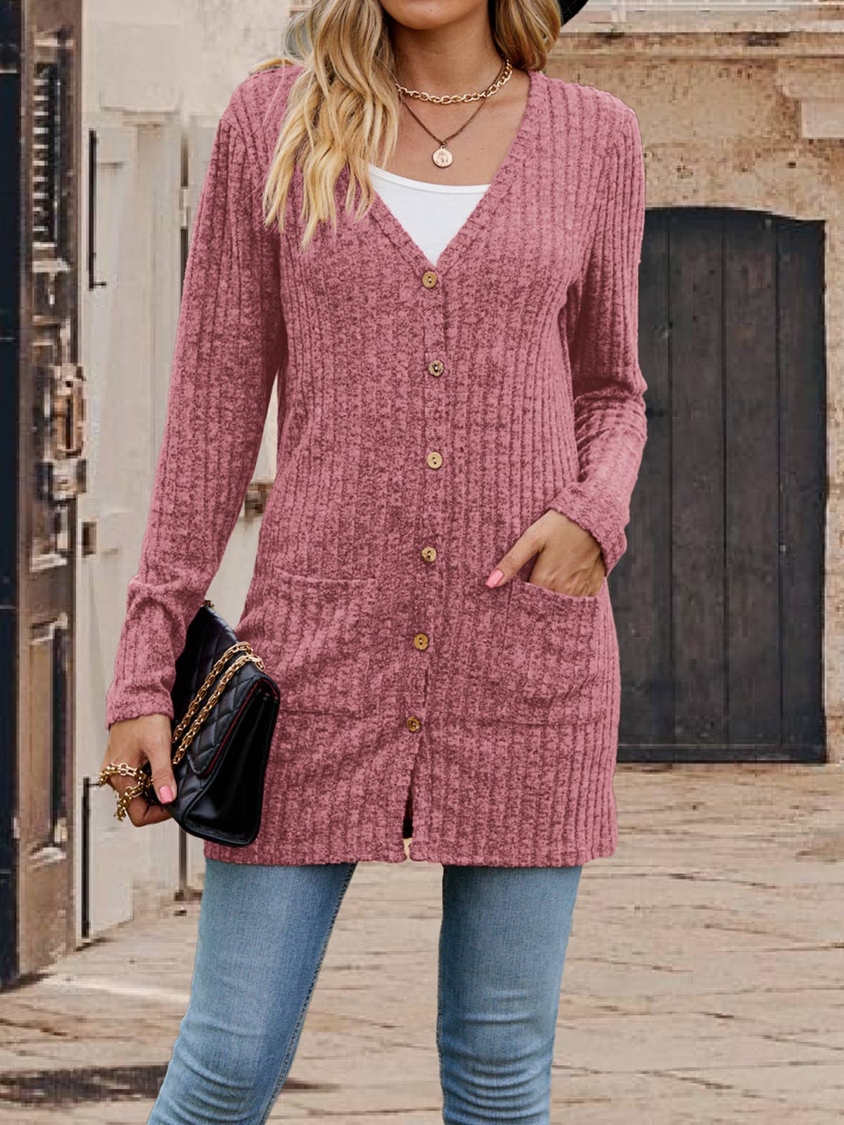 Single - buttoned V-neck pit strip cardigan