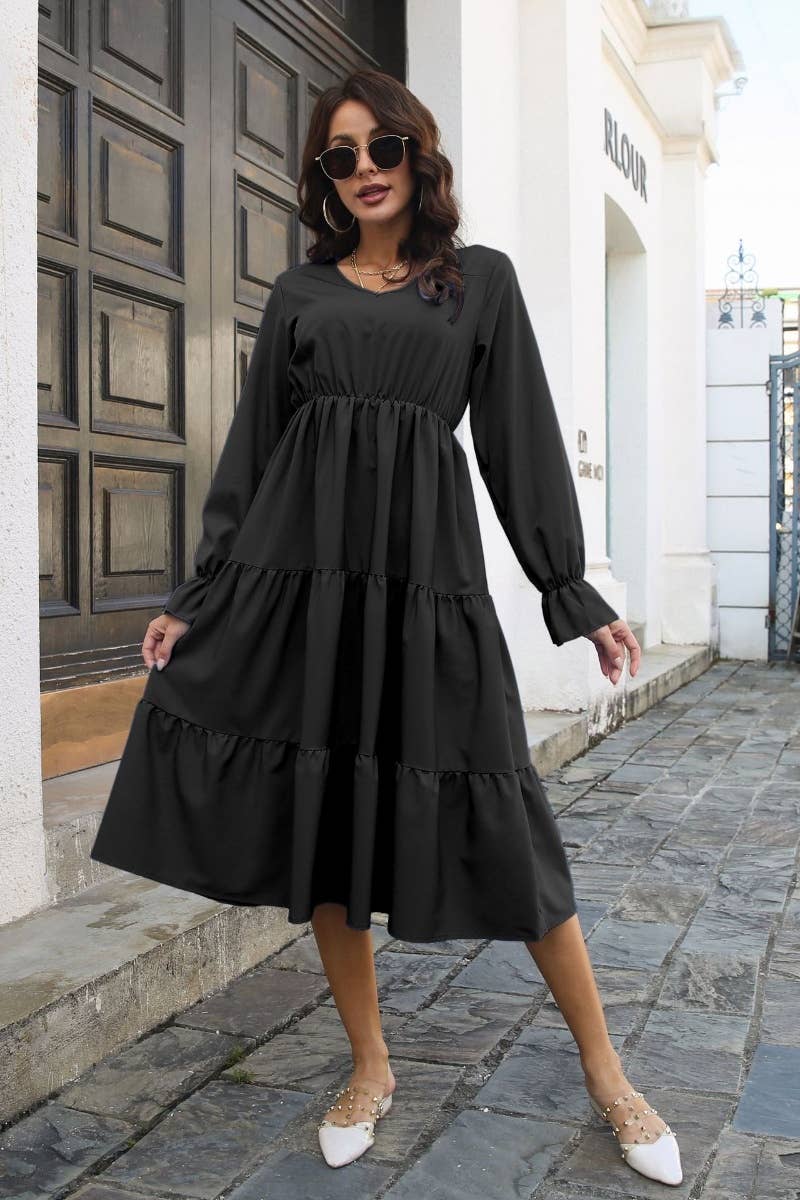 CWDSD6430_FALL V-NECK DRESS WITH FLARED SLEEVES