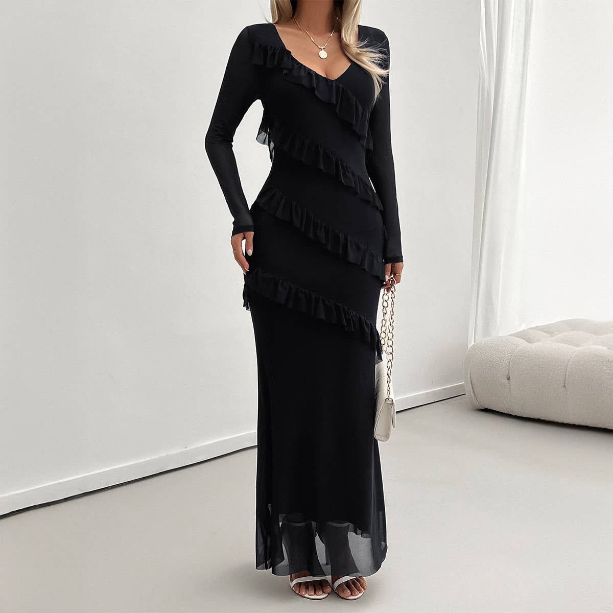 LONG SLEEVE TEMPERAMENT SLIM MESH V-NECK DRESS