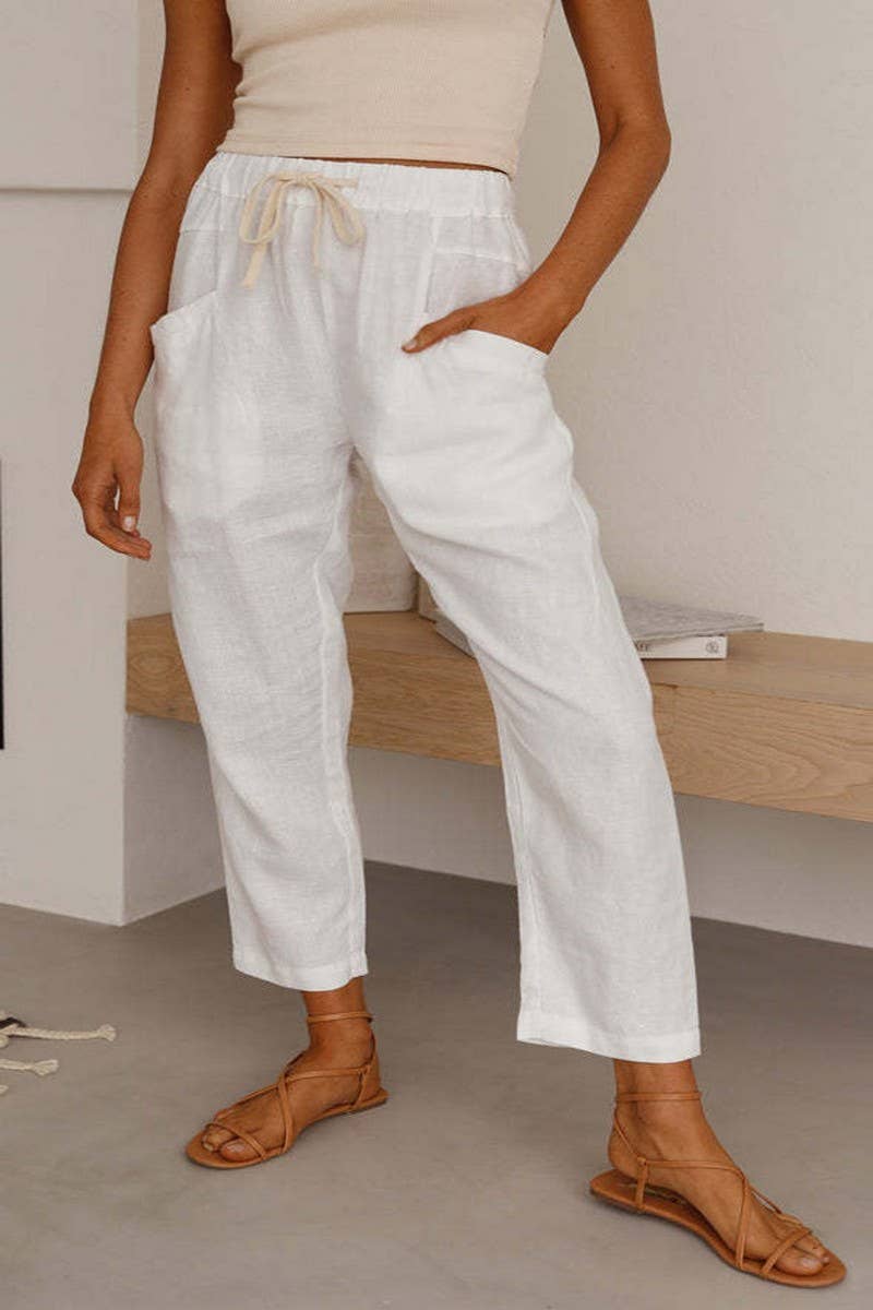 CWBLP01033_LOOSE DRAWSTRING LINEN STRAIGHT CROPPED PANTS