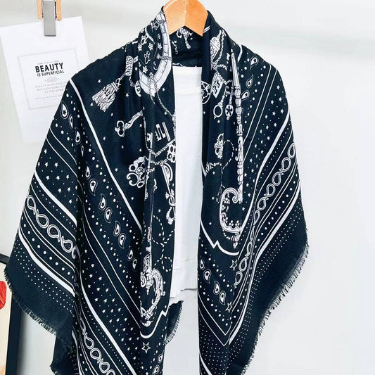Chain Print Silk Wool Scarf ??Luxury Travel Shawl_CWASC0895