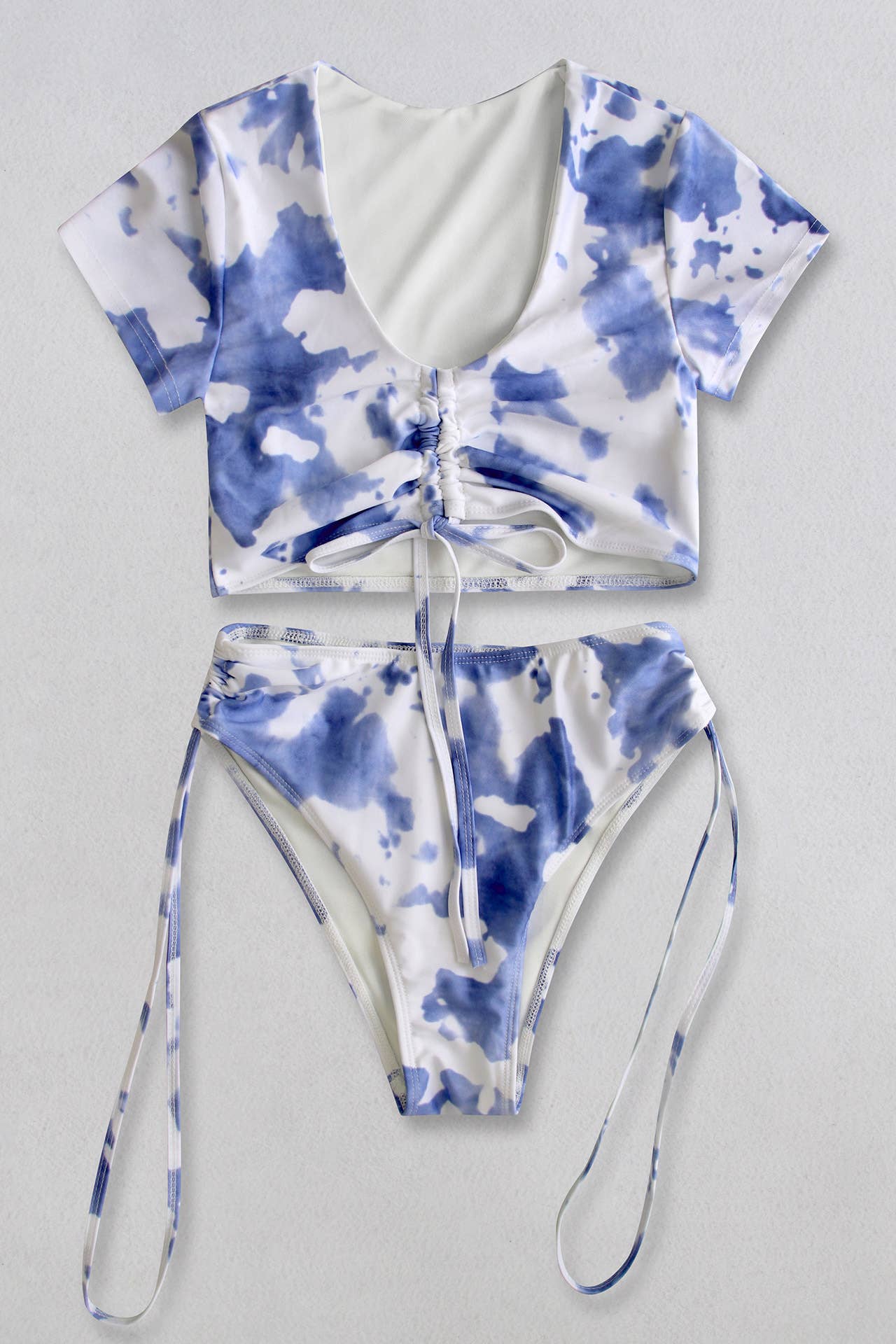 Short sleeve V-neck high waist fresh swimsuit set