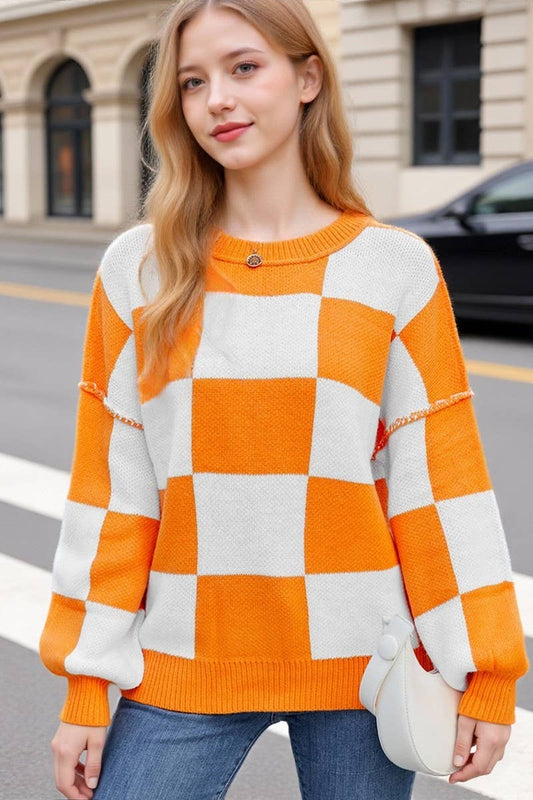 CWOSWL07726_LOOSE CASUAL PLAID COLORBLOCK SWEATER