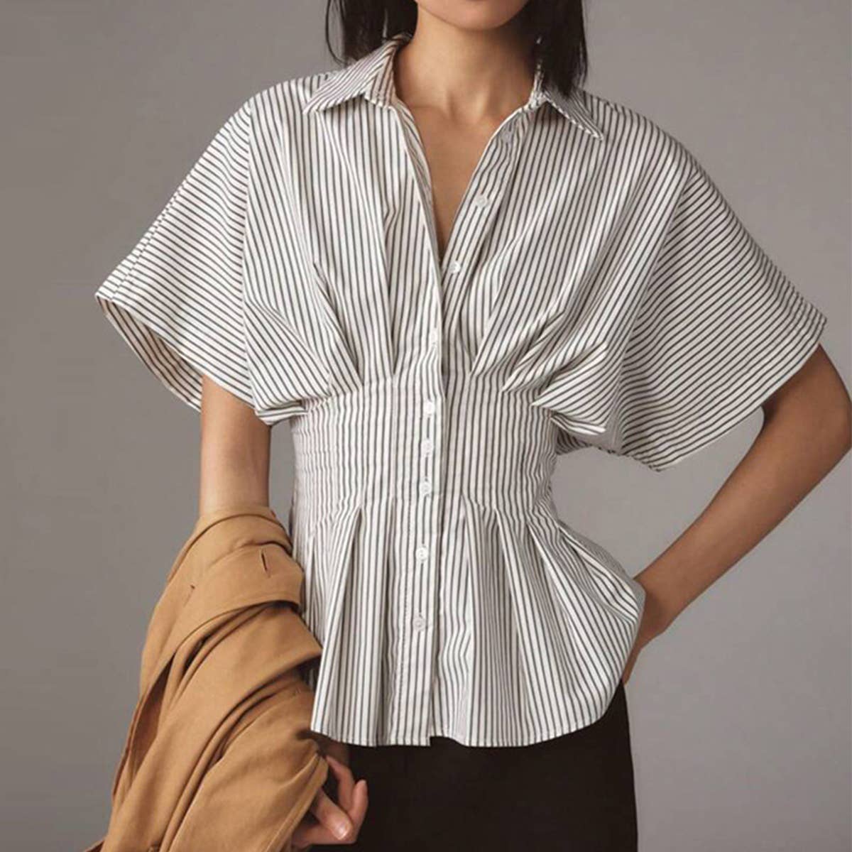 Versatile striped pleated cinched waist shirt