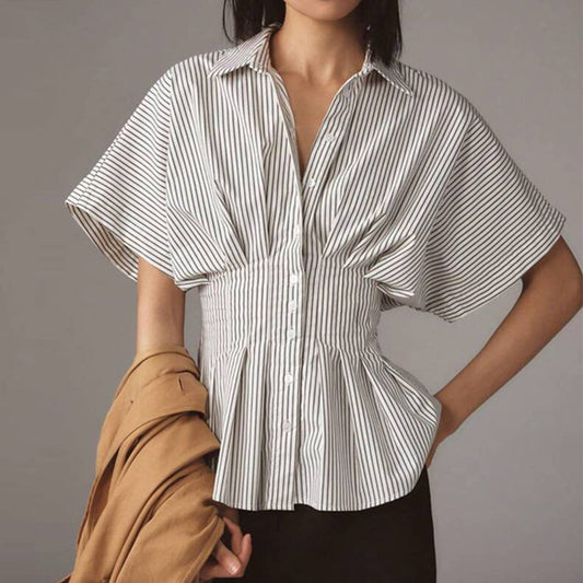 Versatile striped pleated cinched waist shirt