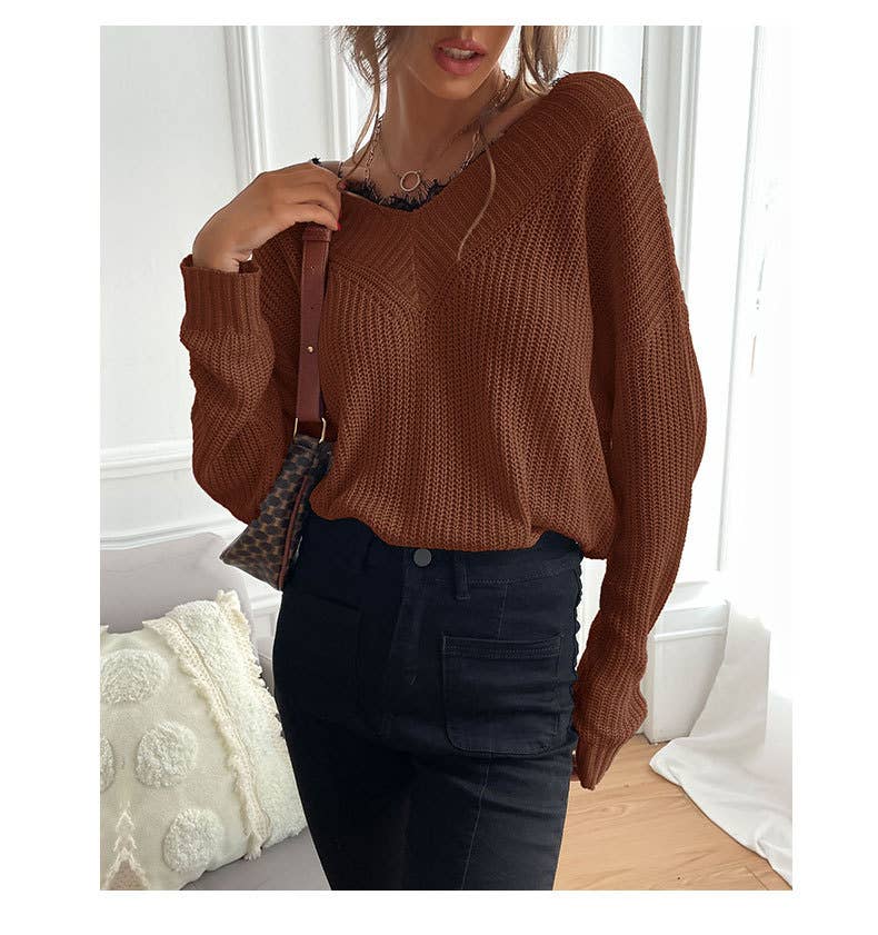 Lace pullover loose solid color knit sweater