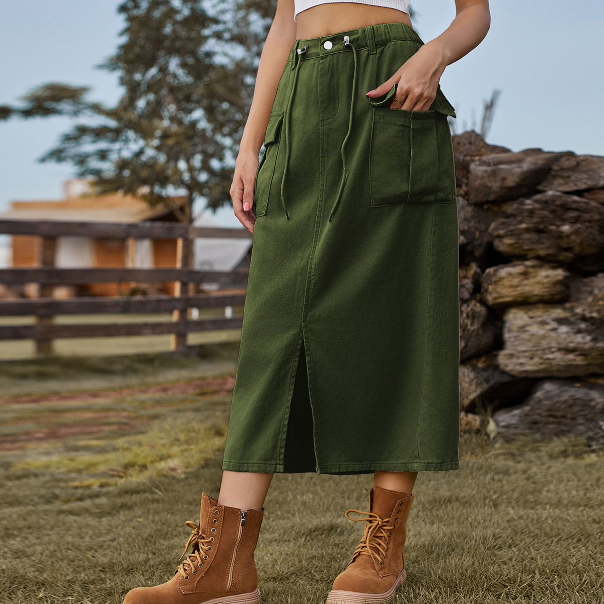 Washed Denim Cargo Skirt with Slit for Women