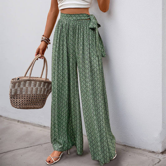Casual lace-up geometric print flared pants